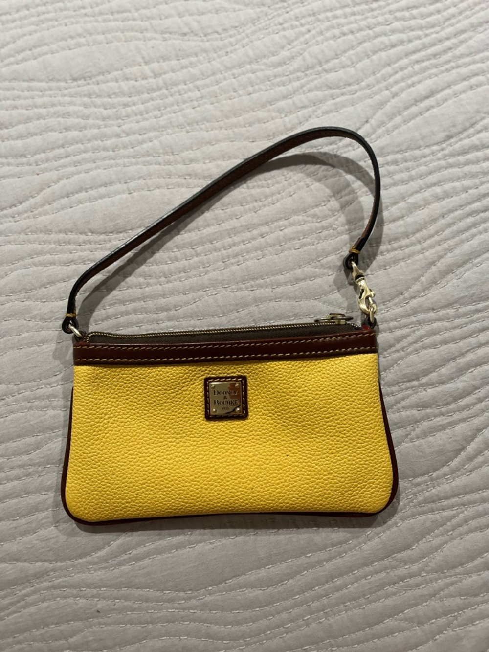 Dooney & Bourke Bright Yellow Pebble Leather Wristlet with Brown Trim
